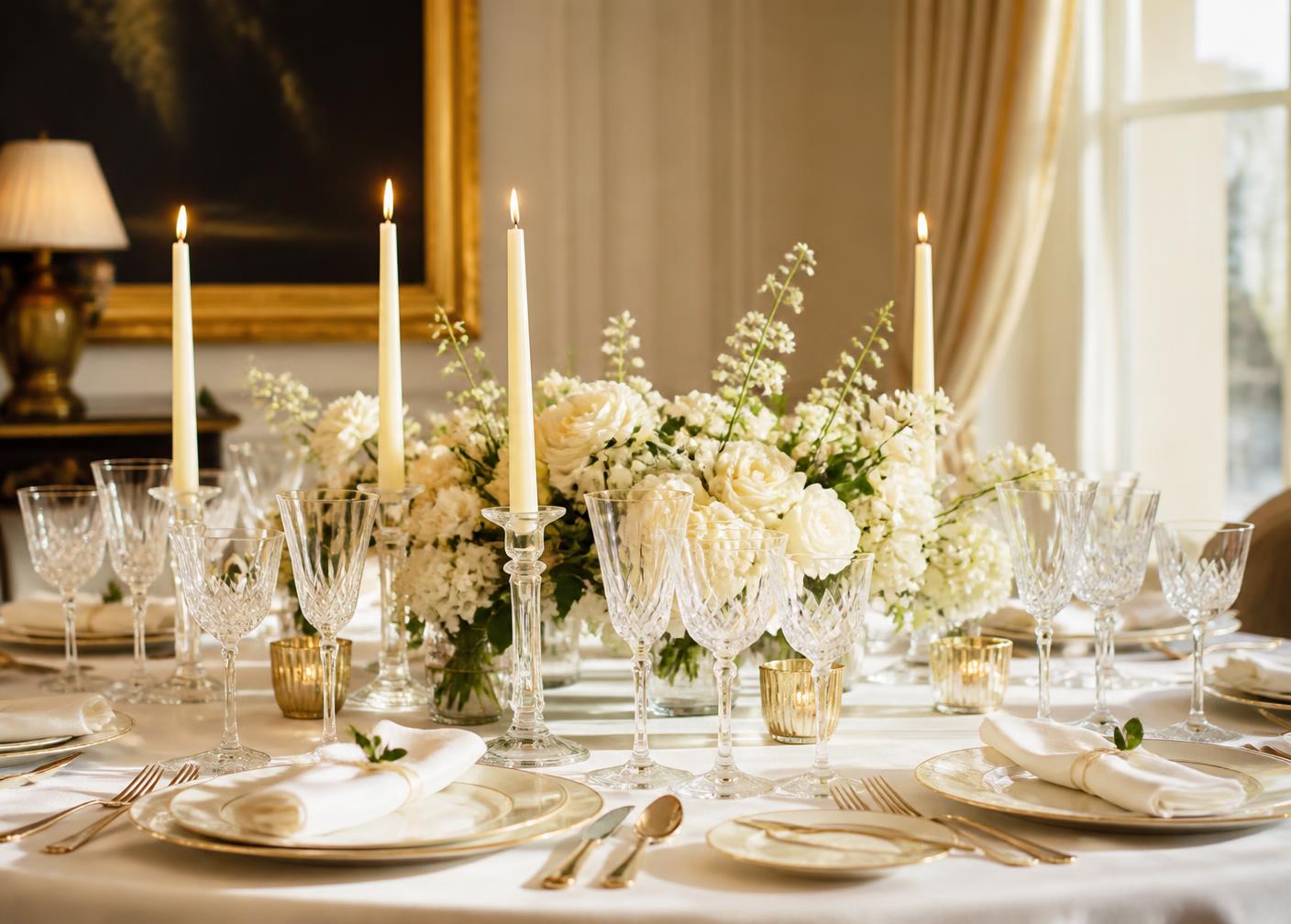Table dressée avec cristal, bougies ivoire et fleurs blanches